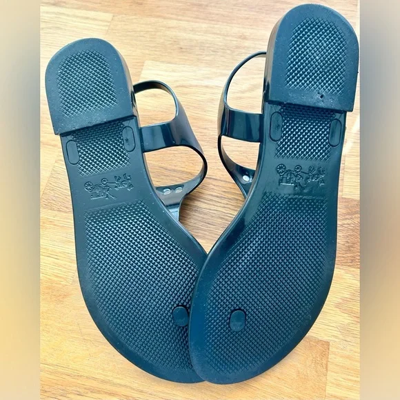 Coach Glossy Black “Pelican” Jelly T-Strap Sandals - Picture 8 of 9